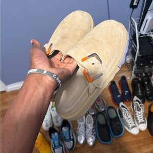 Off-White Beige Suede Buckle Clogs with Orange Accent